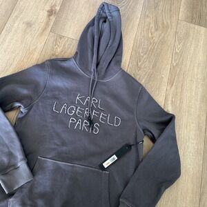 Karl Lagerfeld Paris Silver Embroided Logo Hoodie Mens Grey Sweatshirt Fit S